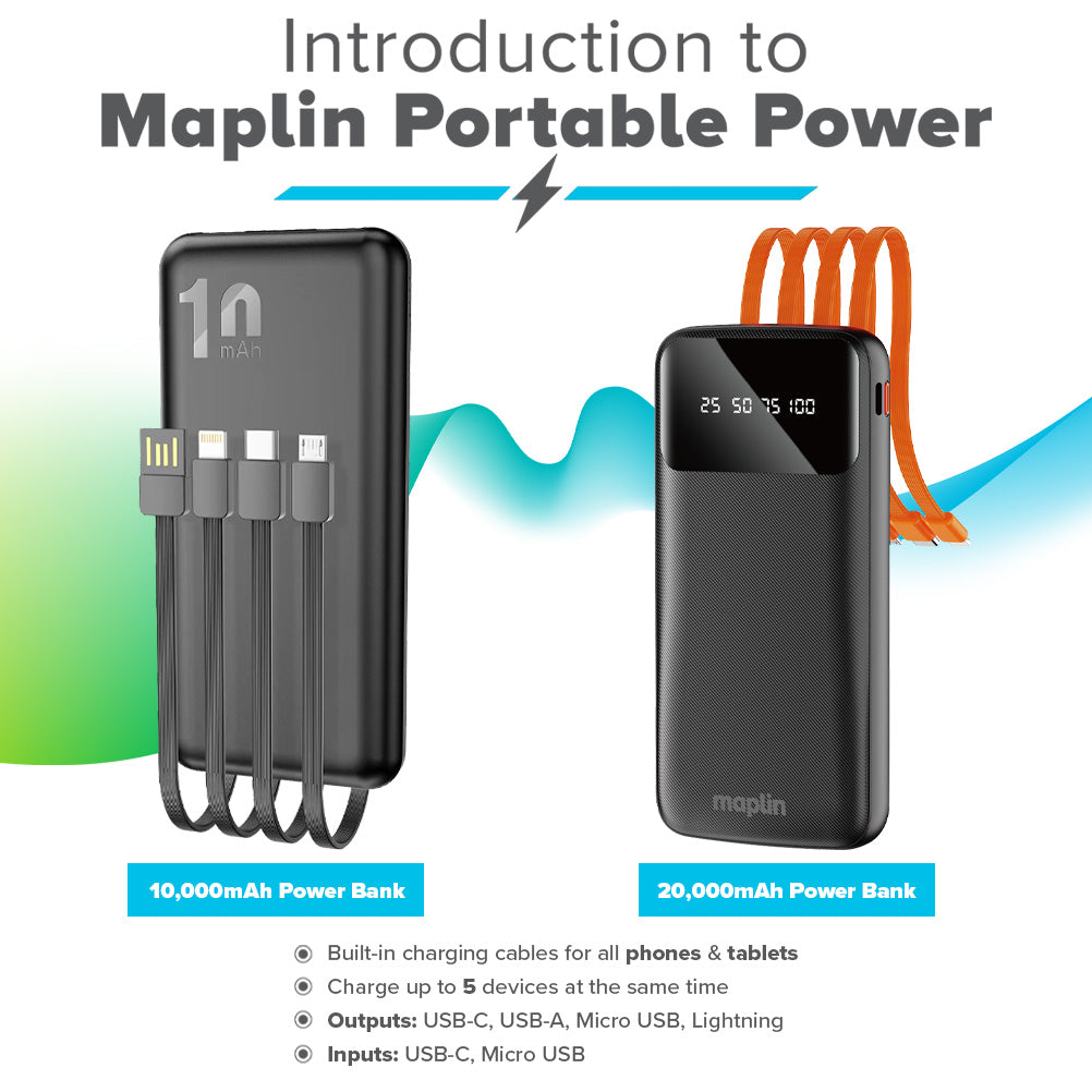 20000mAh Power Bank with Integrated USB-C, Micro USB & Lightning Cables