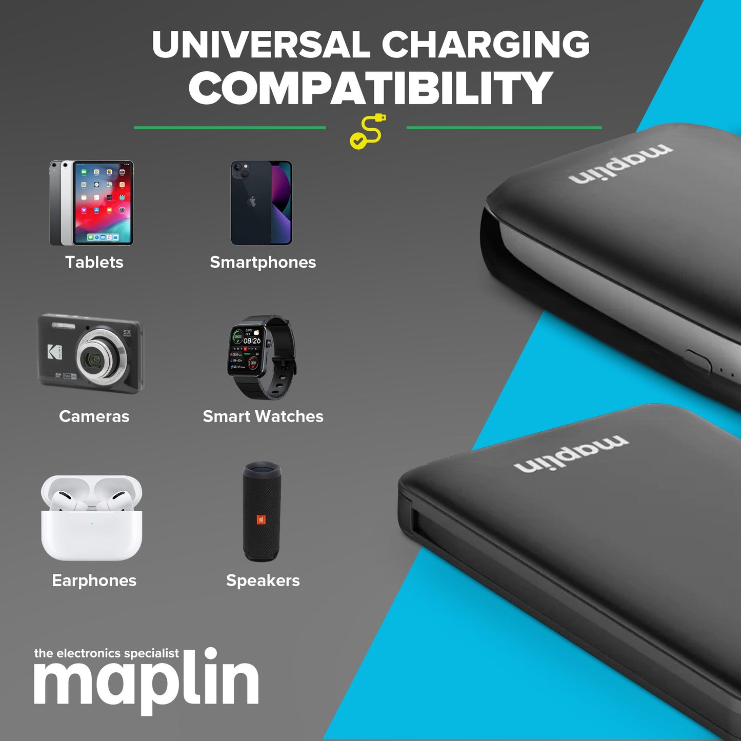 10000mAh Power Bank with Integrated Lightning, USB-C, USB-A & Micro USB Cables