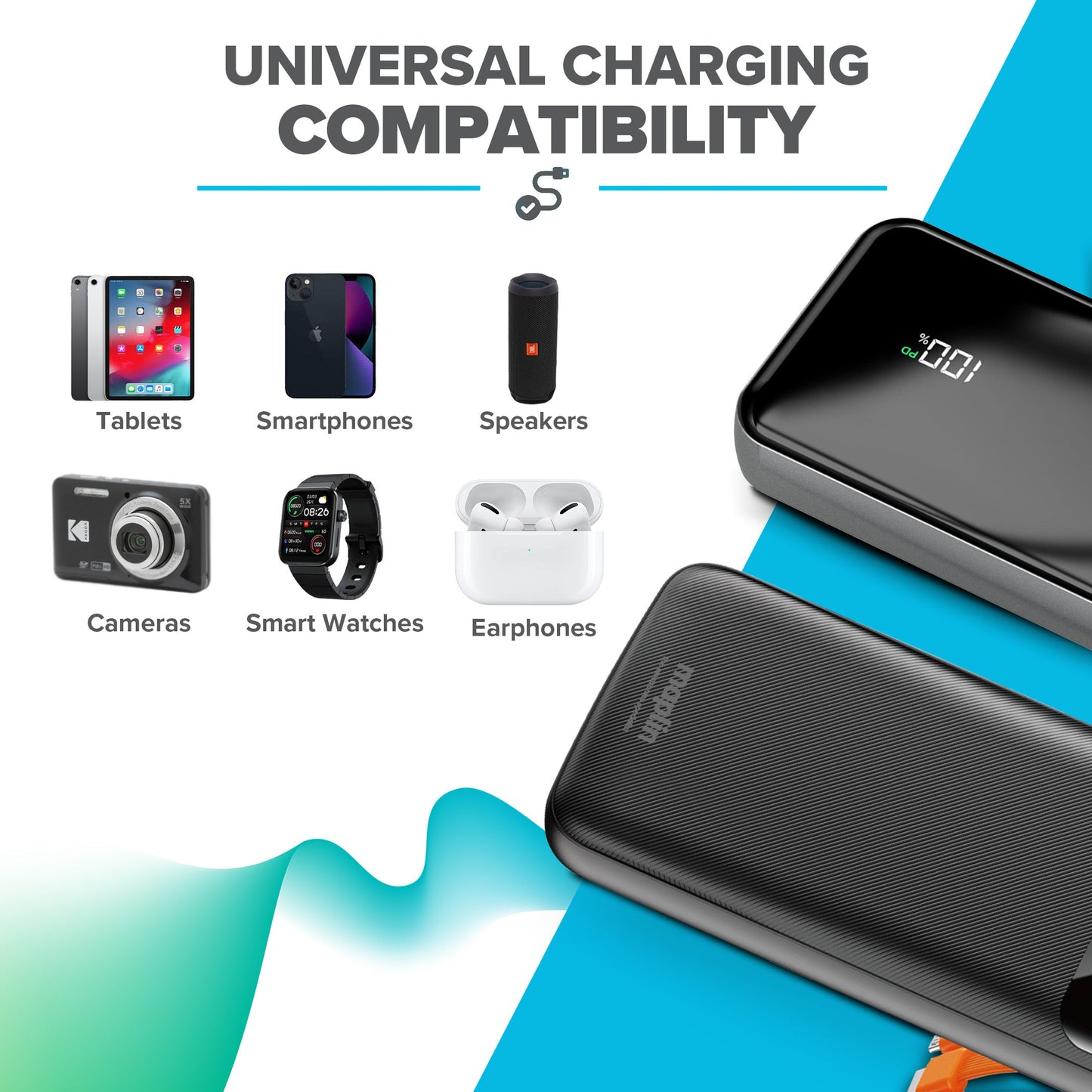 20000mAh Power Bank with Integrated USB-C, Micro USB & Lightning Cables